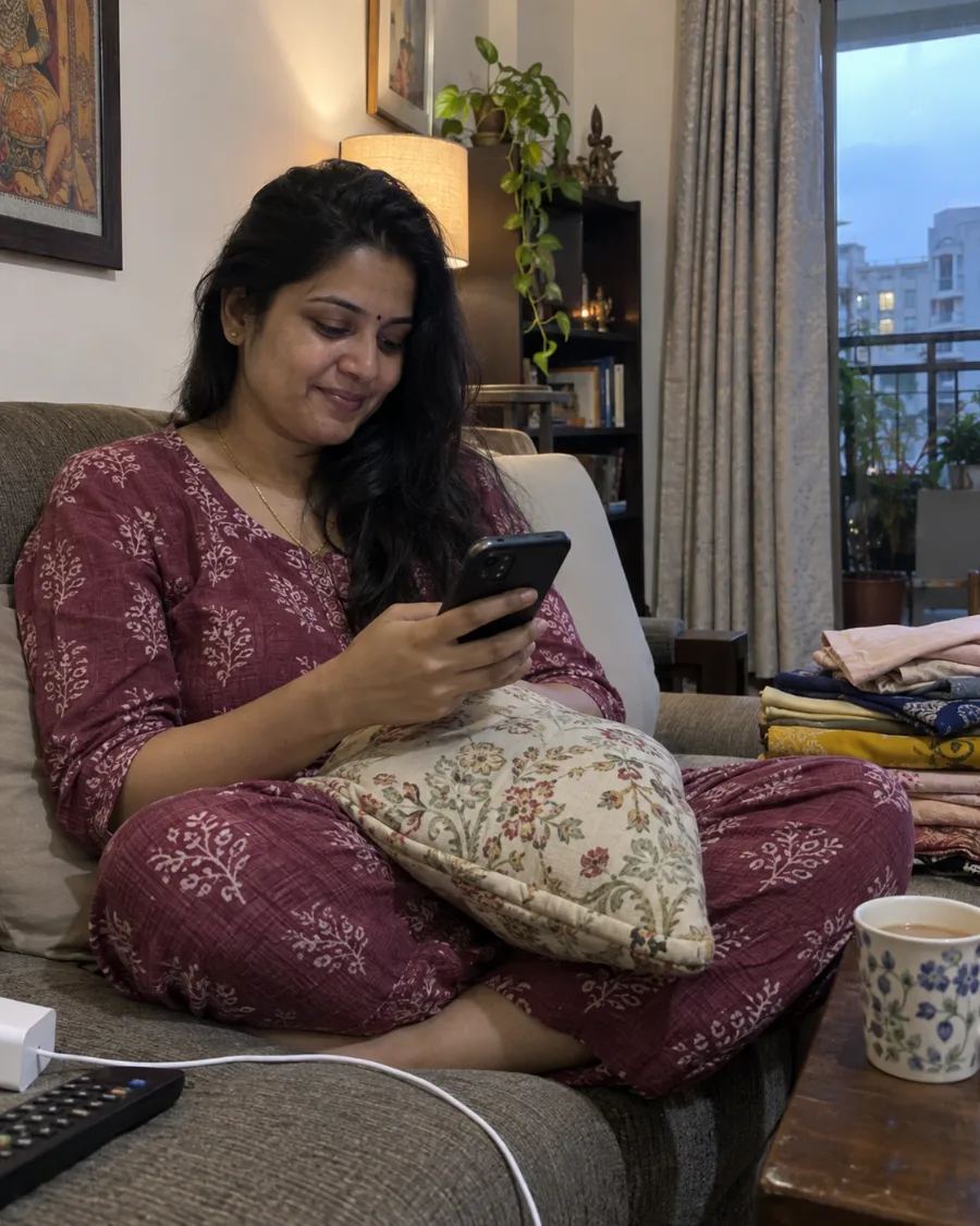 A customer at home smiling at a reply on her phone.