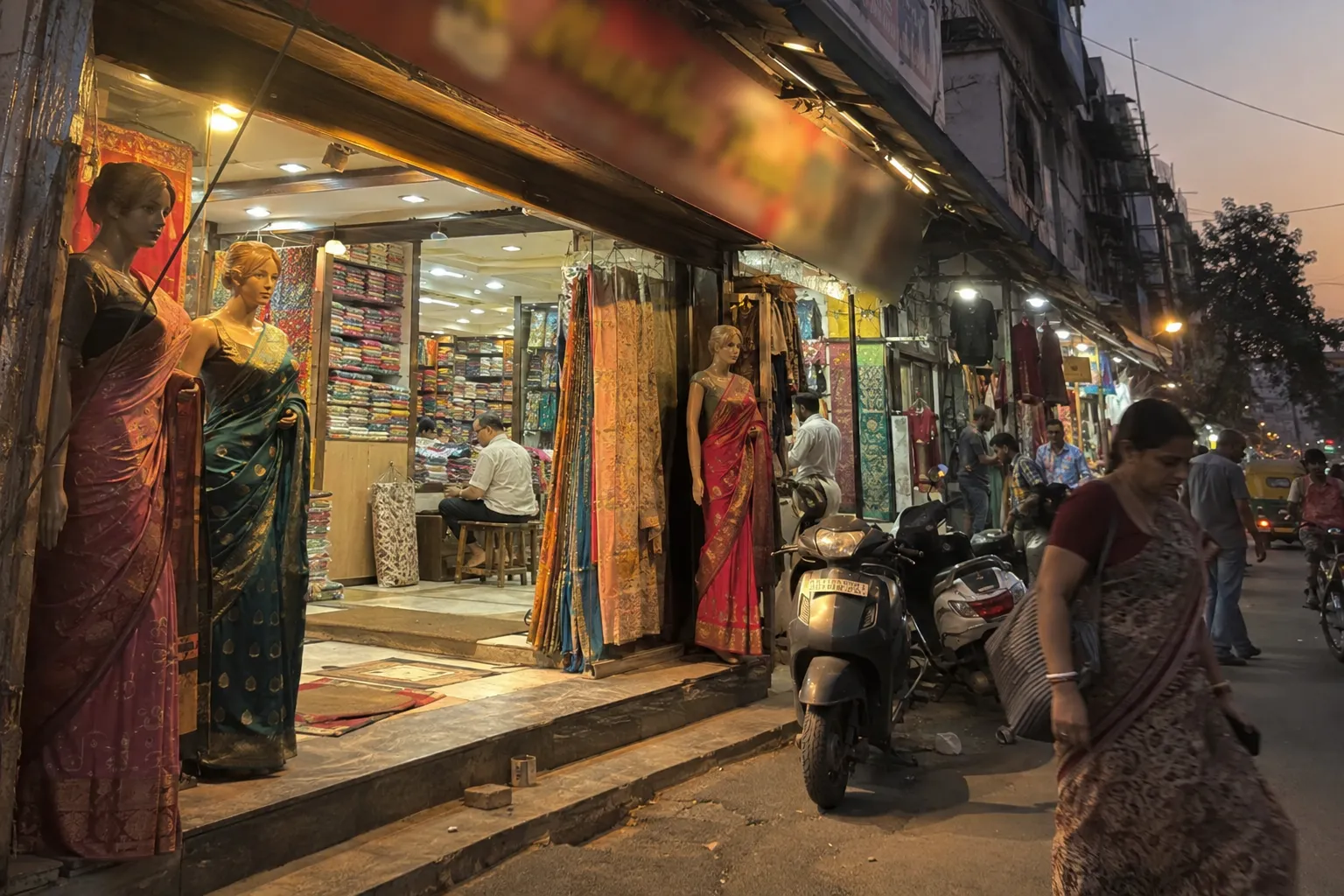 A family saree shop on a Delhi market street at dusk, with warm light spilling out of the doorway.