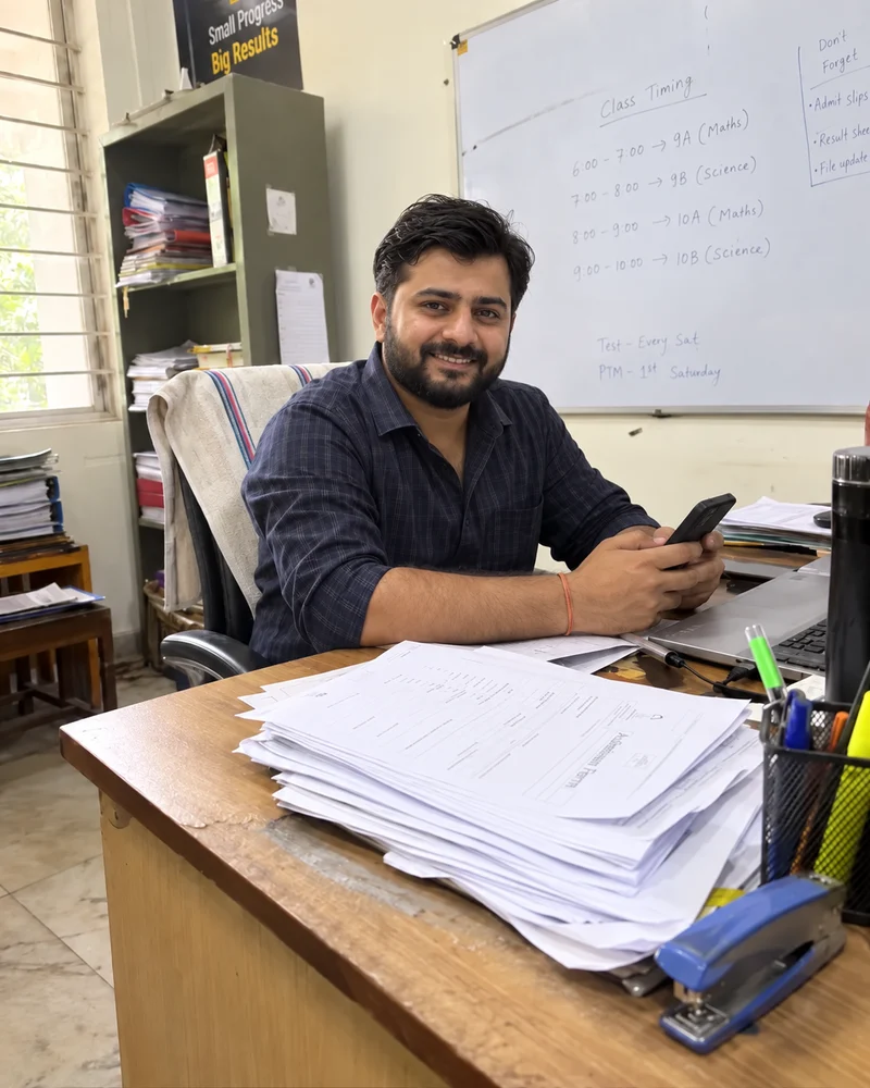 A coaching institute manager smiling toward the camera from his desk.