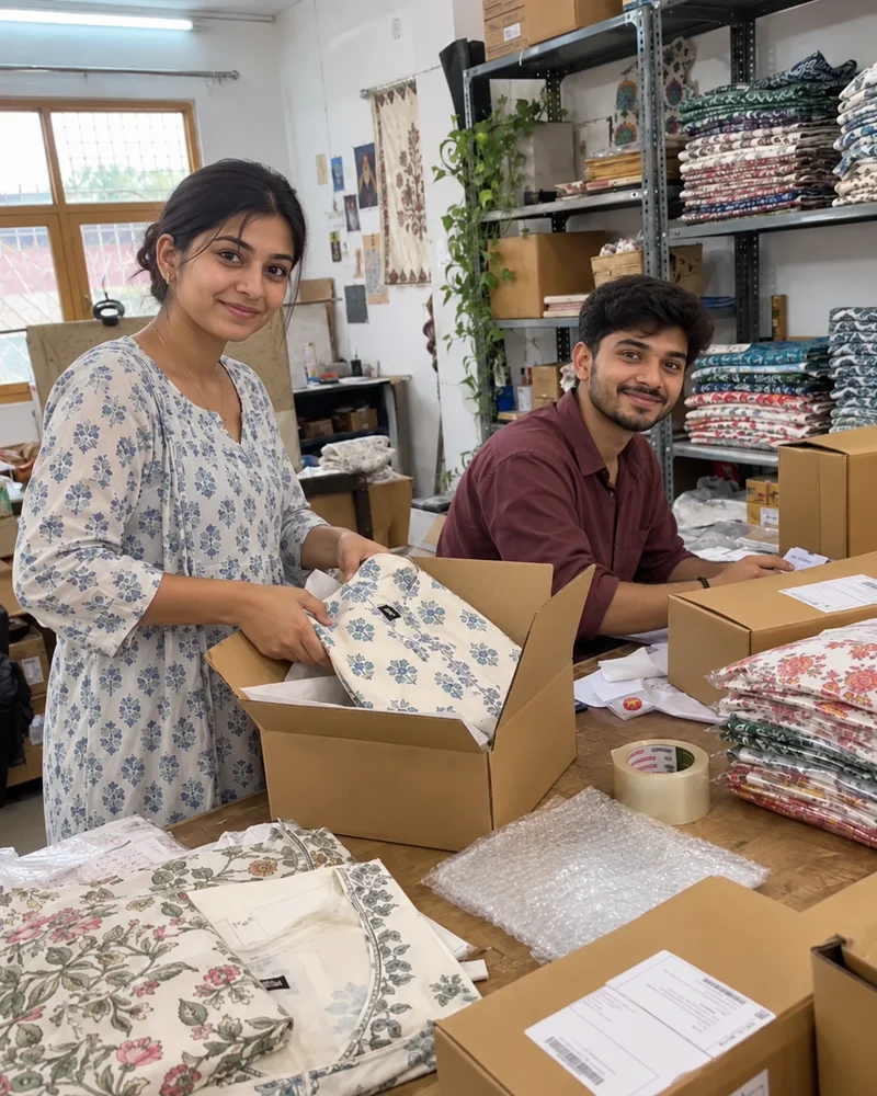 Two home-brand teammates smiling toward the camera at their packing table.