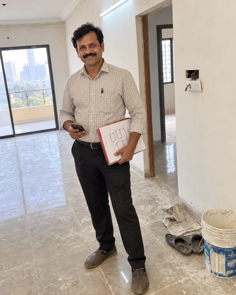 A property broker smiling toward the camera while holding a floor plan.