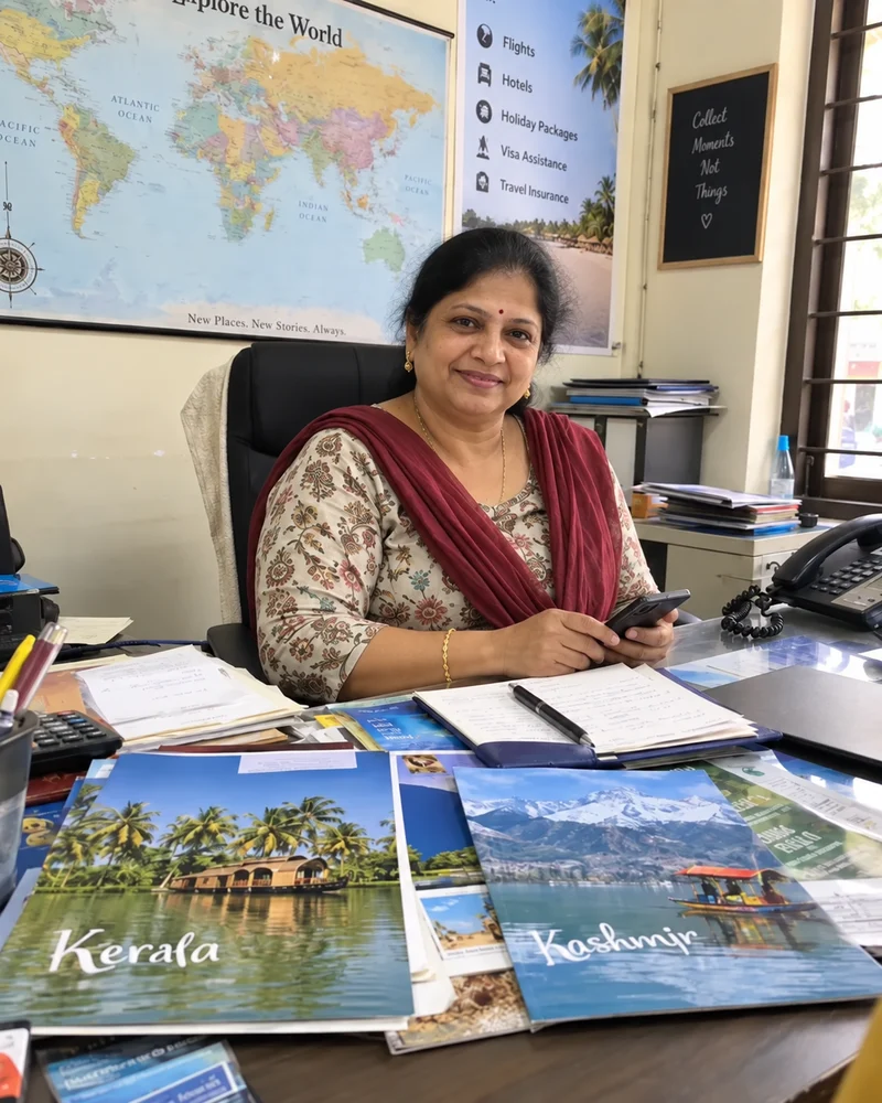 A travel agent smiling toward the camera at her desk.
